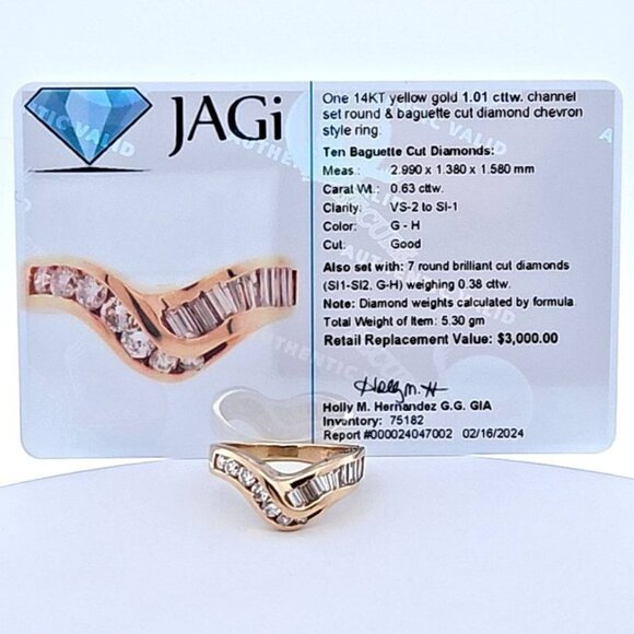 14K Yellow Gold 1.01TW Channel Set Round Baguette Diamond Chevron Ring Size 8.25 - Picture 5 of 14